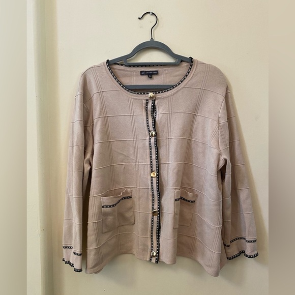 Adrianna Papell Beige Check Tipped Cardigan Contrast Black Trim & Gold Buttons - Picture 6 of 8